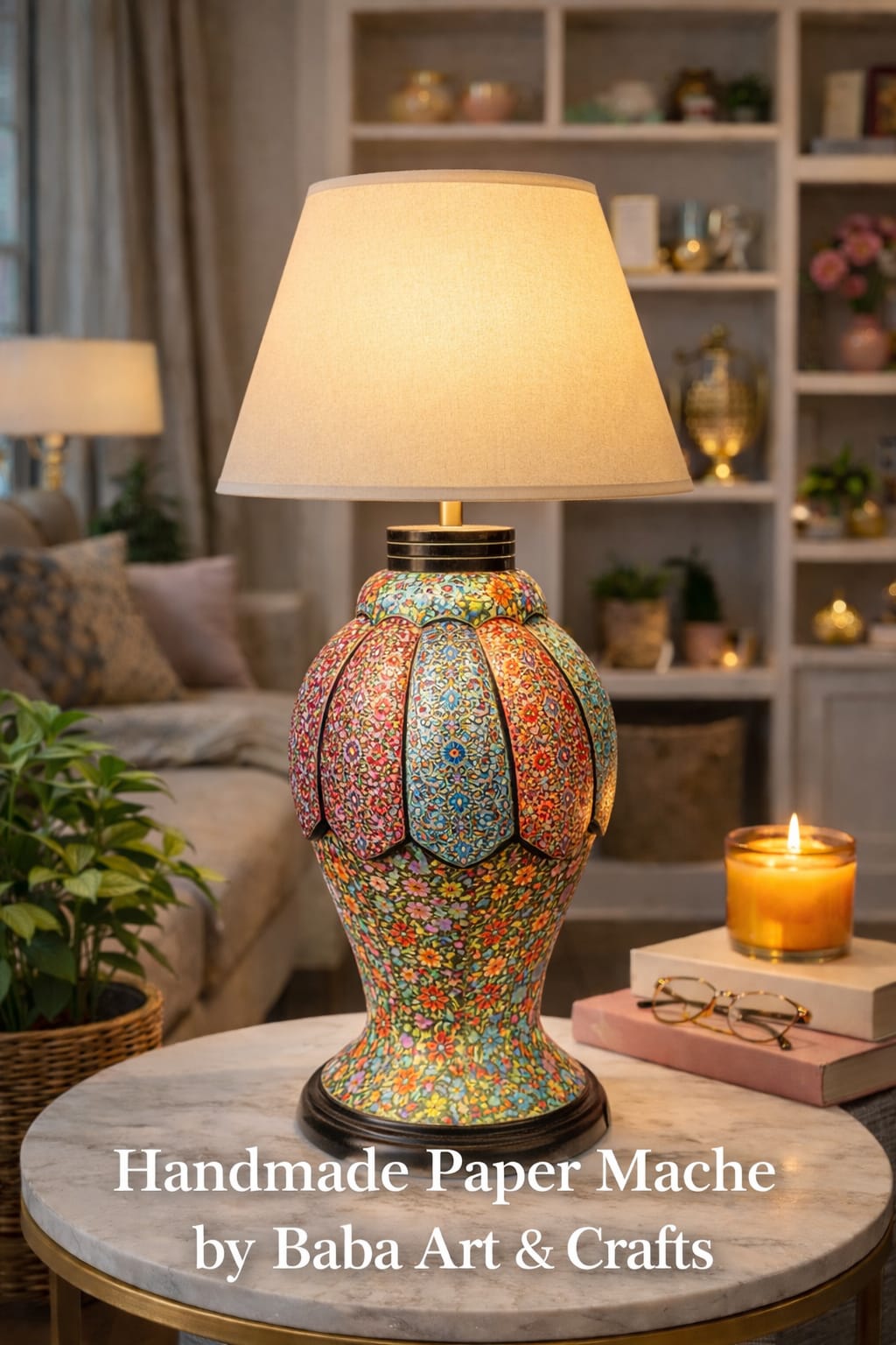 Kashmiri Handcrafted Paper Mache Table Lamp 12 Inch | Luxury Hand-Painted Home Décor Lamp